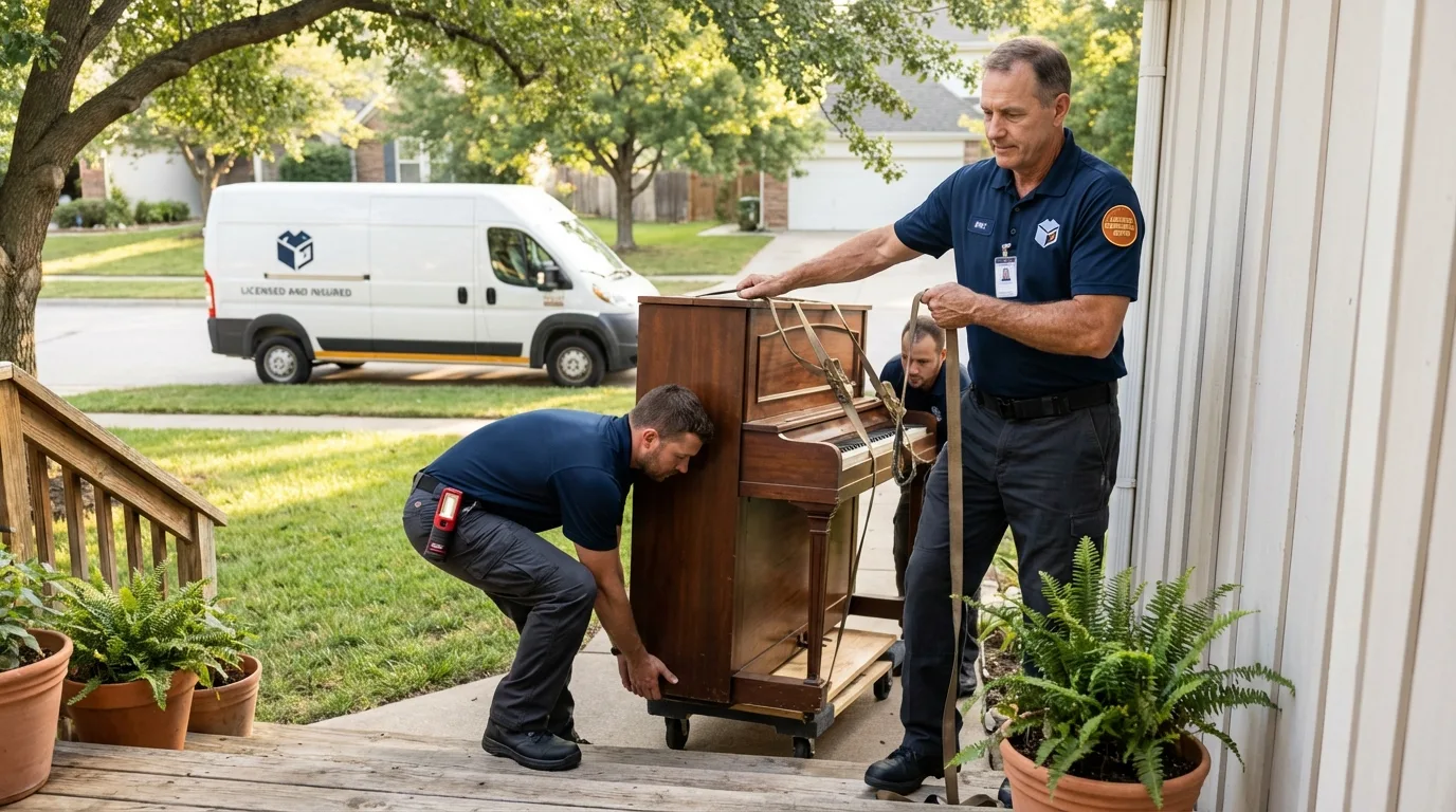 Licensed piano movers securing grand piano in Dowagiac, MI