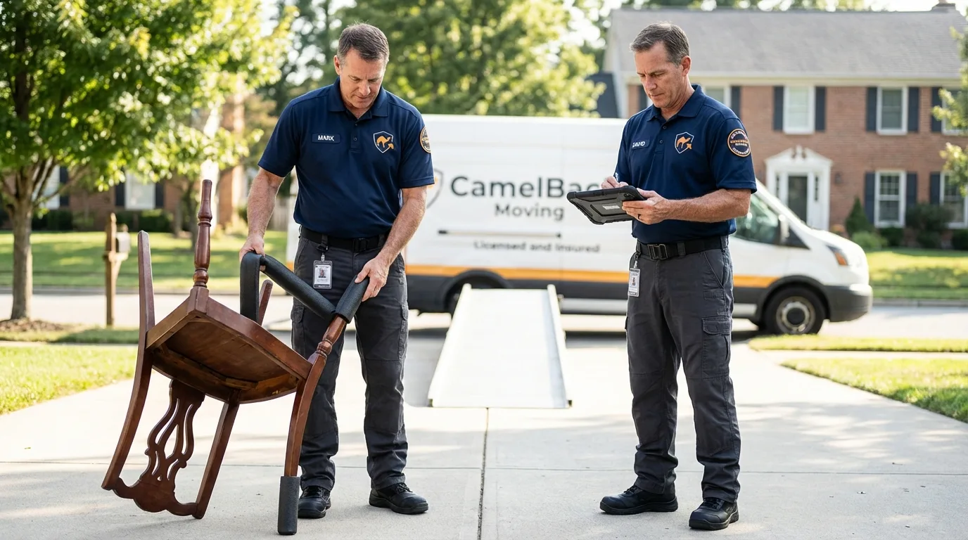 Movers inspecting furniture for damage prevention before loading in Dowagiac, MI