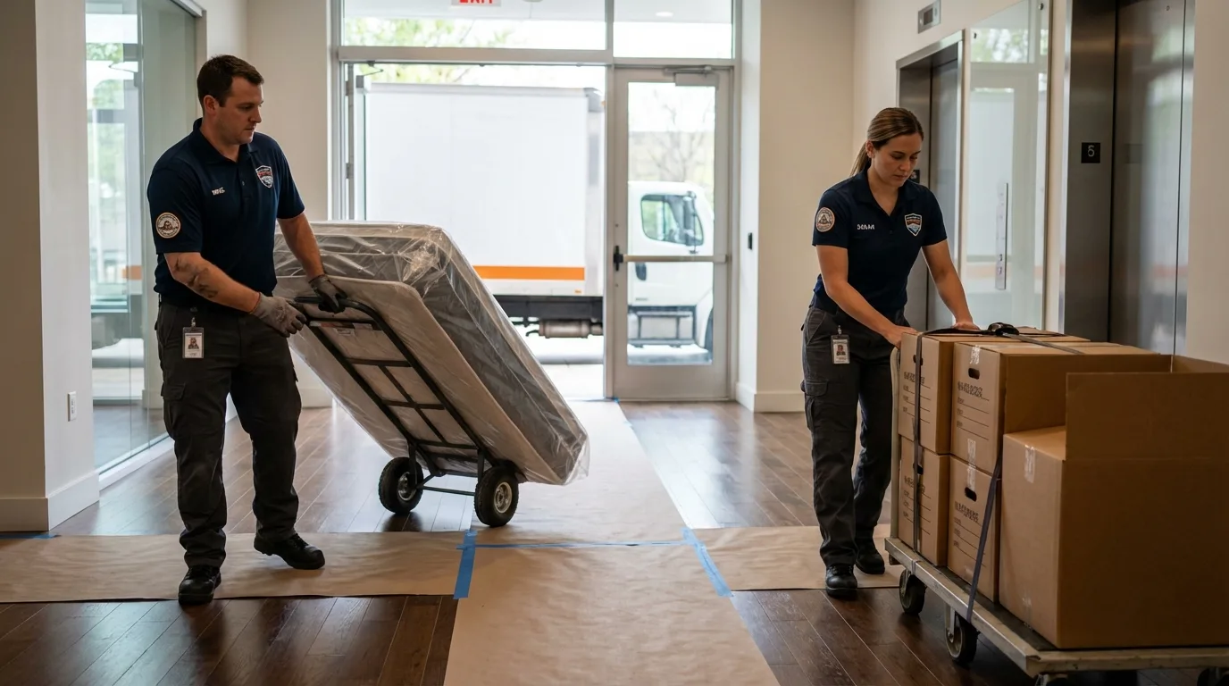 Professional apartment movers loading elevator in Dowagiac, MI