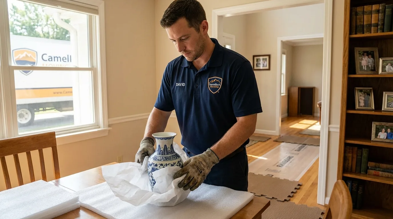 Professional crew carefully wrapping antique vase for senior downsizing move in Dowagiac, MI
